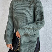 Full Size Turtleneck Rib-Knit Slit Sweater