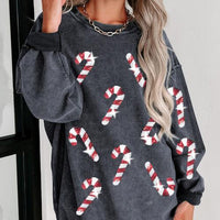 Sequin Candy Cane Round Neck Sweatshirt