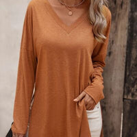 V-Neck Slit Long Sleeve T-Shirt