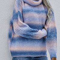 Rainbow Rib-Knit Turtleneck Drop Shoulder Sweater