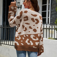 Leopard Ribbed Trim Dropped Shoulder Sweater