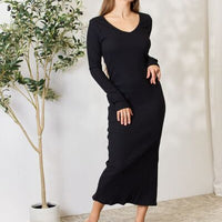 Culture Code Full Size Ribbed Long Sleeve Midi Slit Dress