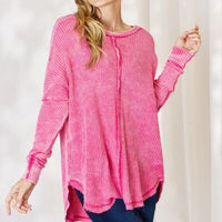 Zenana Oversized Washed Waffle Long Sleeve Top