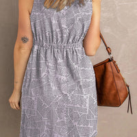 Printed Scoop Neck Sleeveless Buttoned Magic Dress