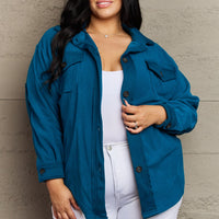 Zenana Cozy in the Cabin Full Size Fleece Elbow Patch Shacket in Teal