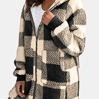 Double Take Full Size Plaid Long Sleeve Hooded Coat