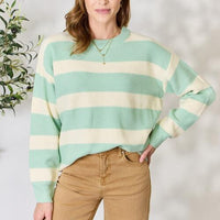 Sew In Love Full Size Contrast Striped Round Neck Sweater