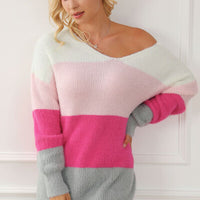 Color Block V-Neck Dropped Shoulder Sweater