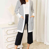 Double Take Striped Open Front Longline Cardigan