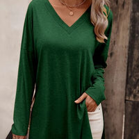 V-Neck Slit Long Sleeve T-Shirt