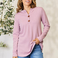 Celeste Full Size Texture Half Button Long Sleeve Blouse