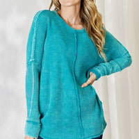 Zenana Oversized Washed Waffle Long Sleeve Top