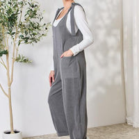 Celeste Full Size Ribbed Tie Shoulder Sleeveless Ankle Overalls