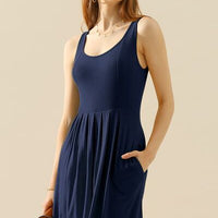 Doublju Full Size Round Neck Ruched Sleeveless Dress with Pockets