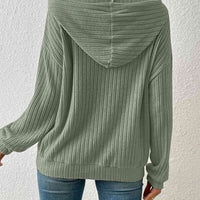 Ribbed Dropped Shoulder Drawstring Hoodie