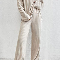 Ribbed Half Button Knit Top and Pants Set