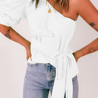 Tied Puff Sleeve One-Shoulder Top