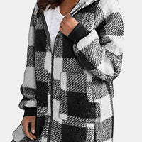 Double Take Full Size Plaid Long Sleeve Hooded Coat