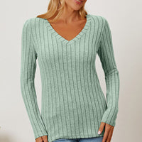 Basic Bae Full Size Ribbed V-Neck Long Sleeve T-Shirt