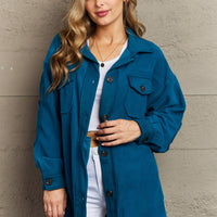 Zenana Cozy in the Cabin Full Size Fleece Elbow Patch Shacket in Teal