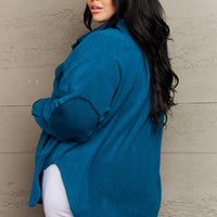 Zenana Cozy in the Cabin Full Size Fleece Elbow Patch Shacket in Teal