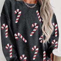 Sequin Candy Cane Round Neck Sweatshirt