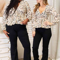 Double Take Printed Tied Plunge Peplum Blouse