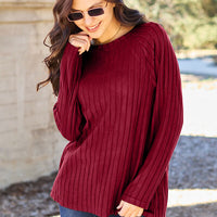 Basic Bae Full Size Ribbed Round Neck Long Sleeve Knit Top