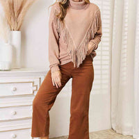 Woven Right Turtleneck Fringe Front Long Sleeve Sweater