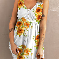 Sunflower Print Button Down Sleeveless Dress