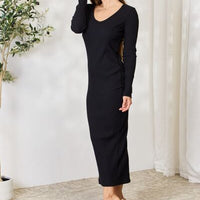 Culture Code Full Size Ribbed Long Sleeve Midi Slit Dress