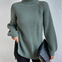 Full Size Turtleneck Rib-Knit Slit Sweater