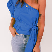 Tied Puff Sleeve One-Shoulder Top