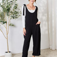 Celeste Full Size Ribbed Tie Shoulder Sleeveless Ankle Overalls