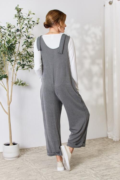 Celeste Full Size Ribbed Tie Shoulder Sleeveless Ankle Overalls