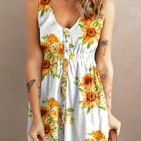 Sunflower Print Button Down Sleeveless Dress