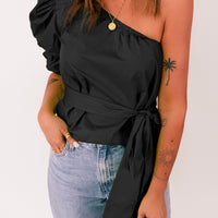 Tied Puff Sleeve One-Shoulder Top