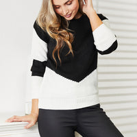 Double Take Two-Tone Openwork Rib-Knit Sweater